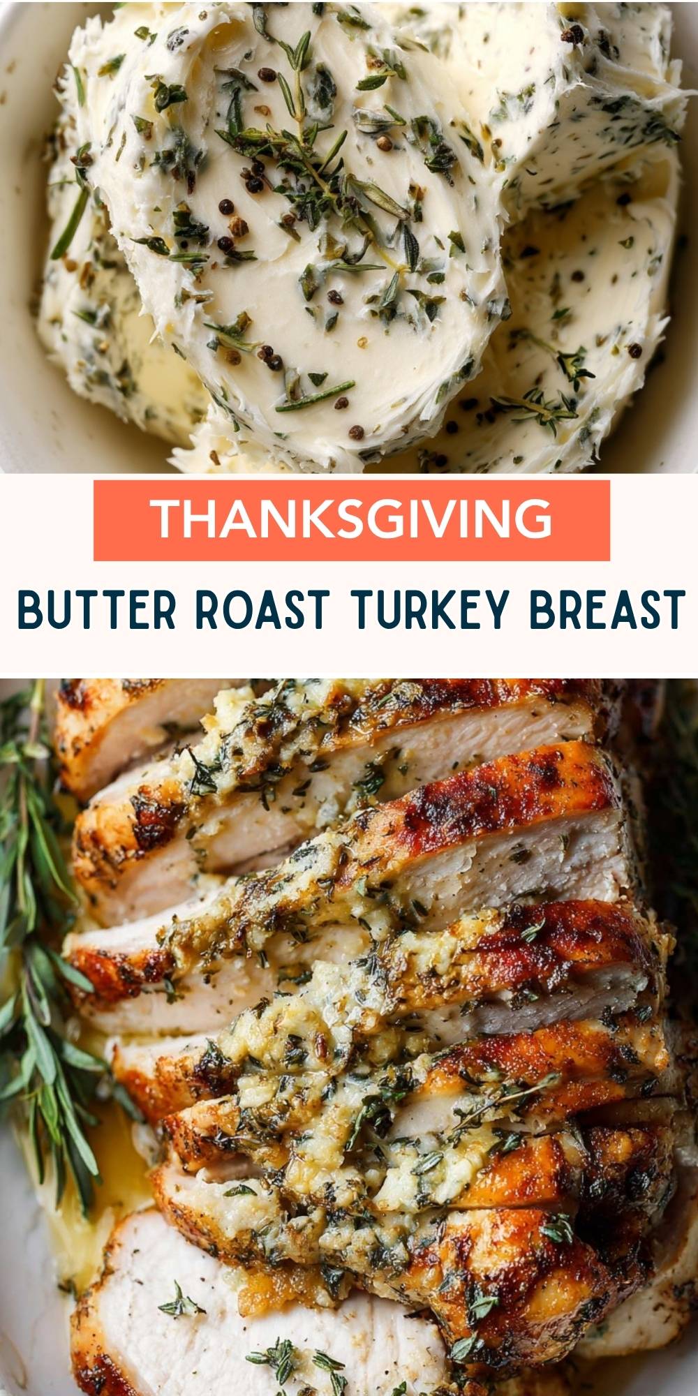 Sliced roasted turkey breast with crispy golden skin and garlic herb butter topping.