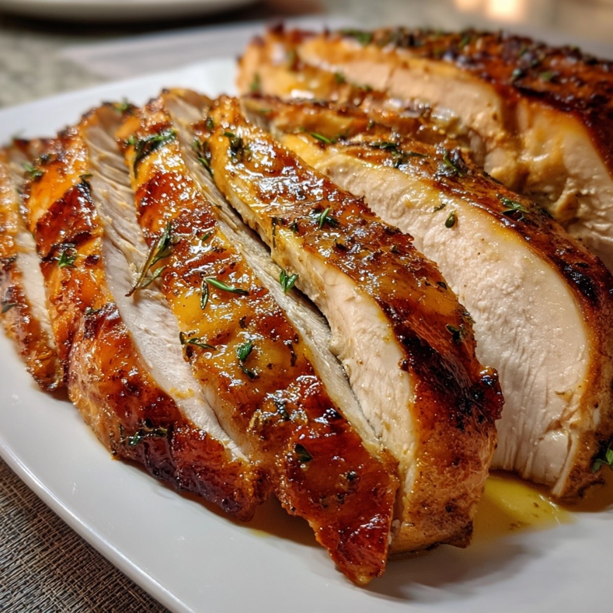 Sliced Butterball turkey breast roast cooked in crock pot, juicy and golden brown.