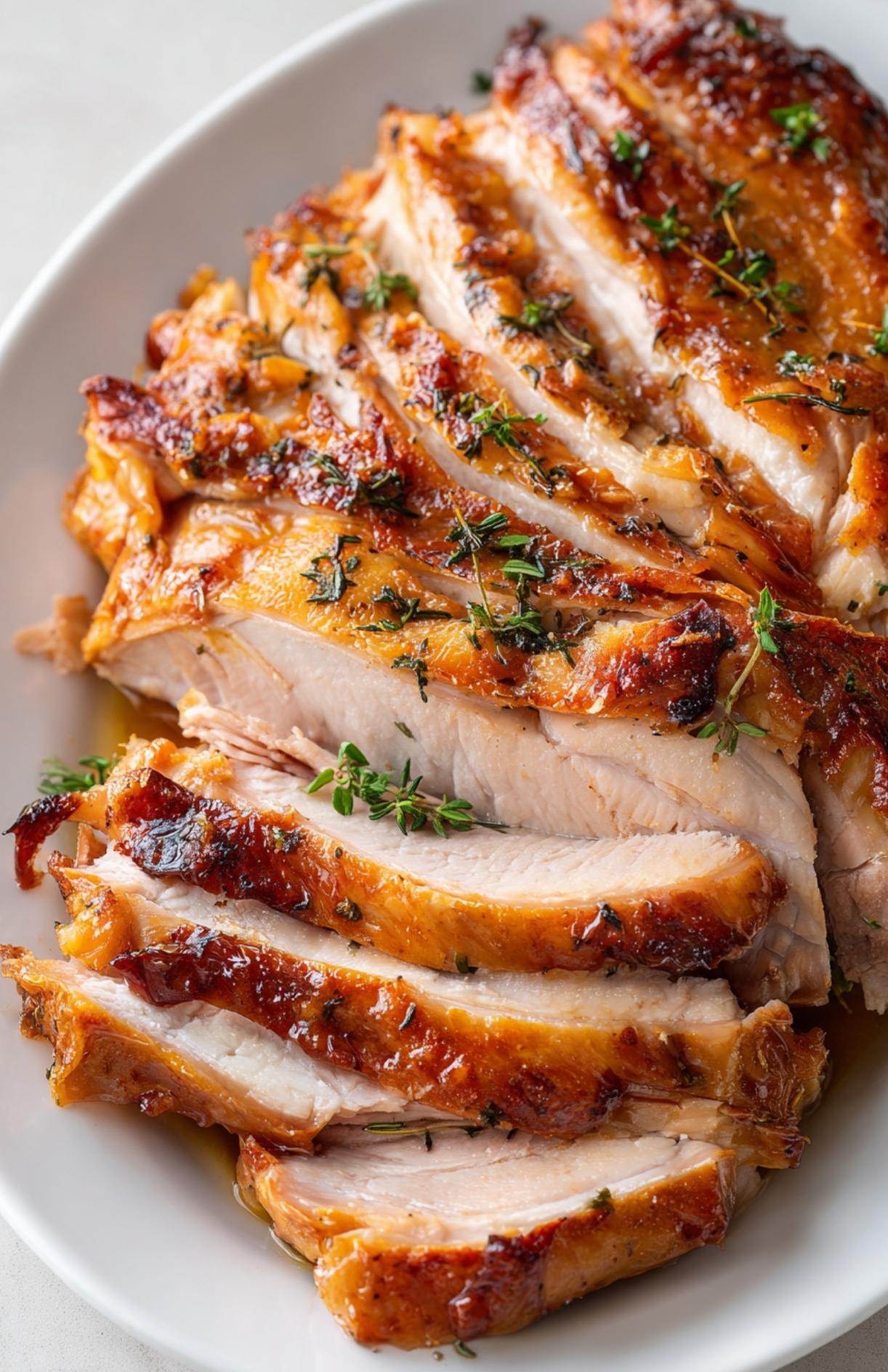Butterball turkey breast roast carved into slices with fresh herbs on platter.