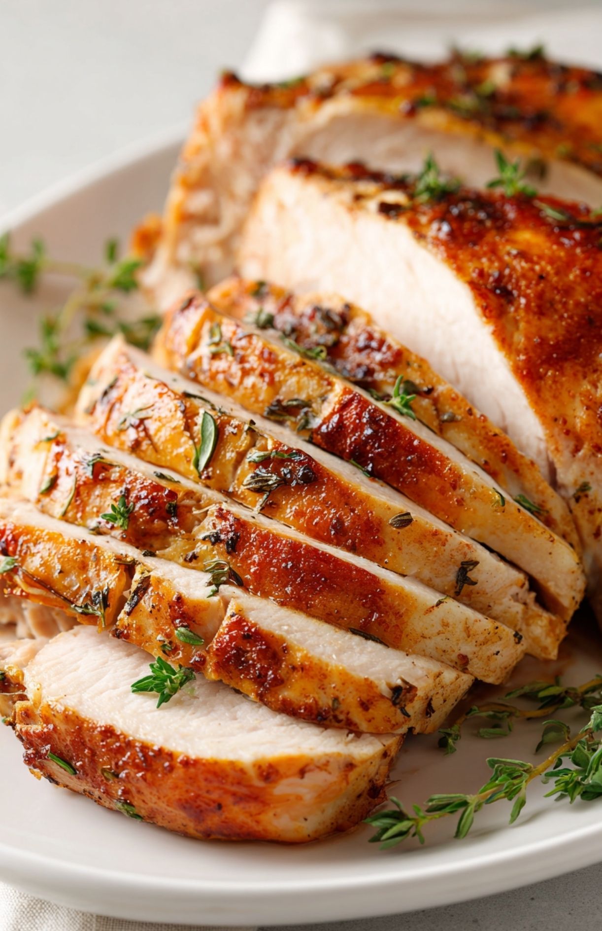 Butterball crock pot turkey breast roast with crispy golden skin and fresh thyme garnish.
