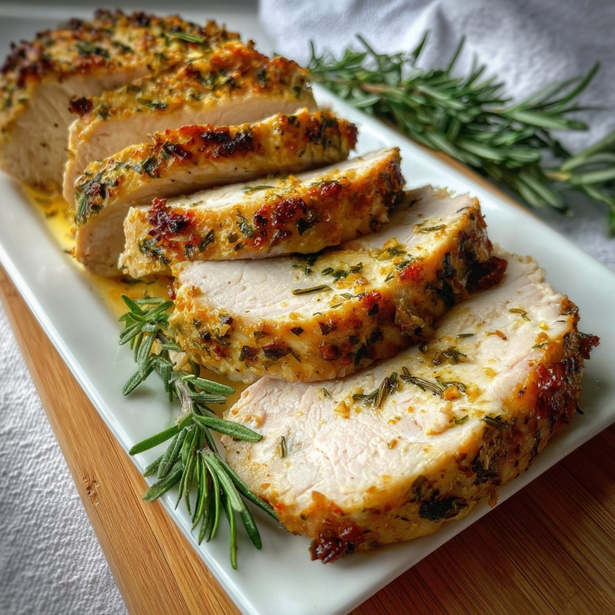 Golden brown Butterball boneless turkey roast sliced and garnished with rosemary, resting in garlic-herb juices.