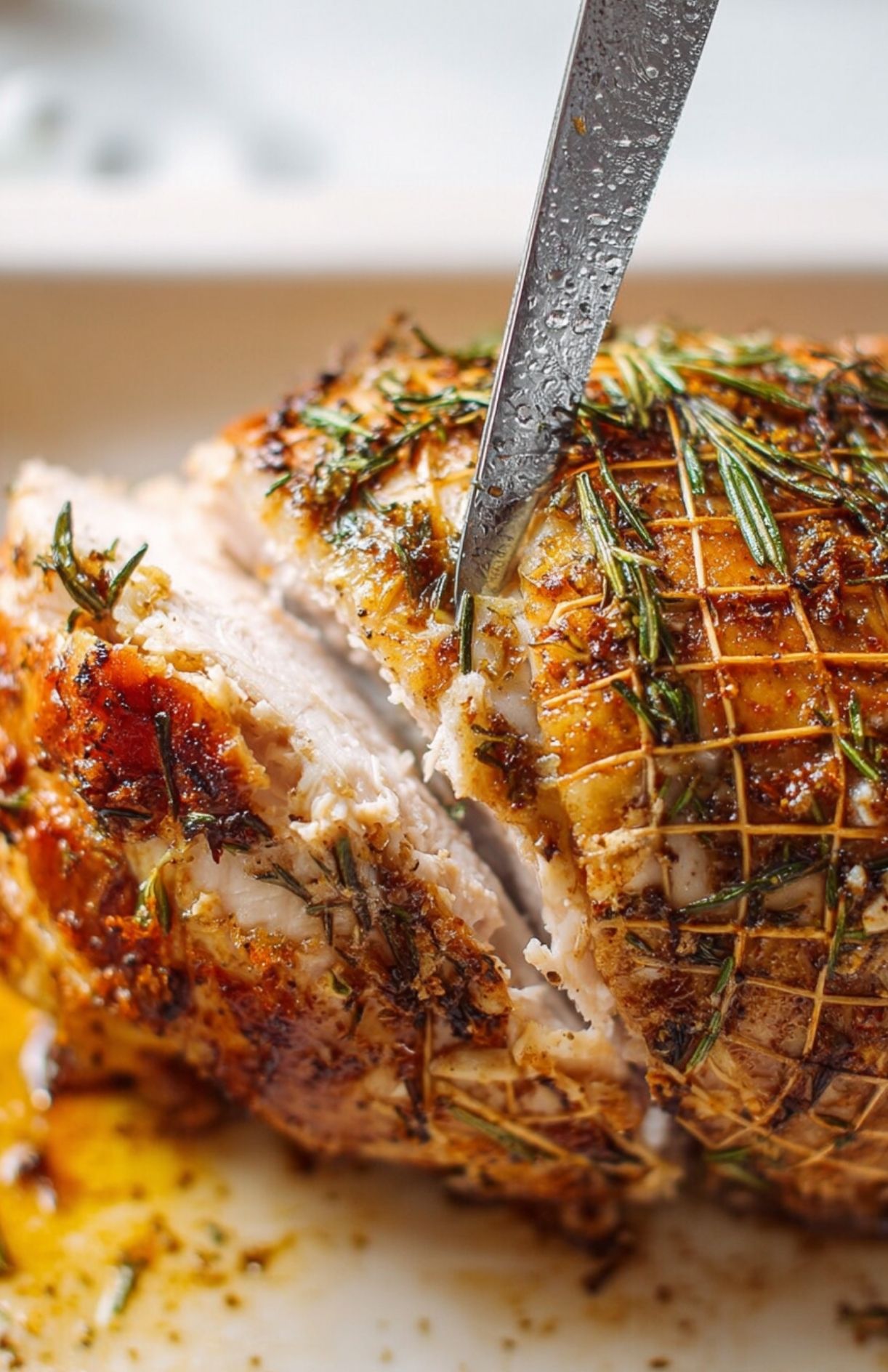 Close-up of a knife slicing through a golden brown garlic-herb Butterball boneless turkey roast.