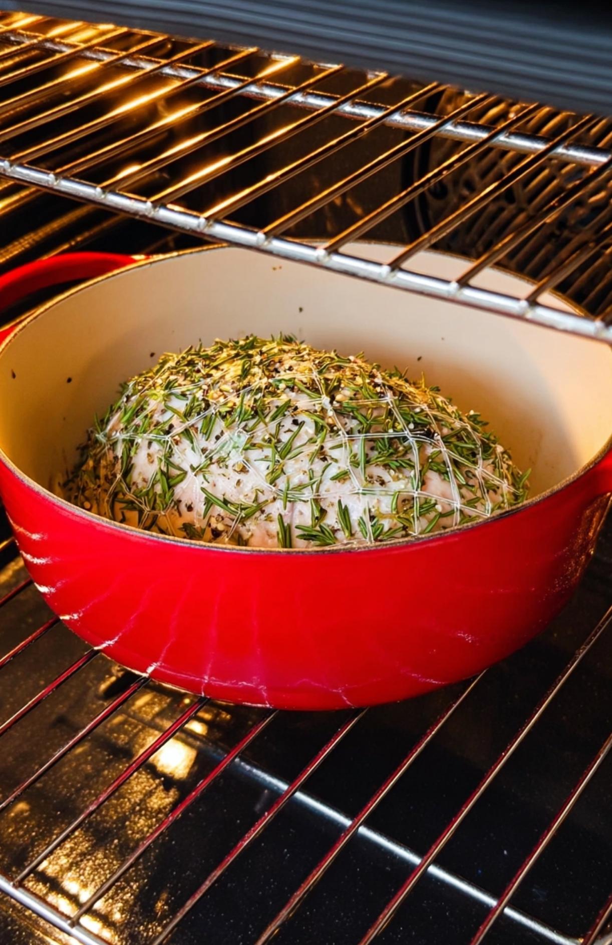Uncooked boneless Butterball turkey roast seasoned with rosemary and herbs in a red Dutch oven before roasting.
