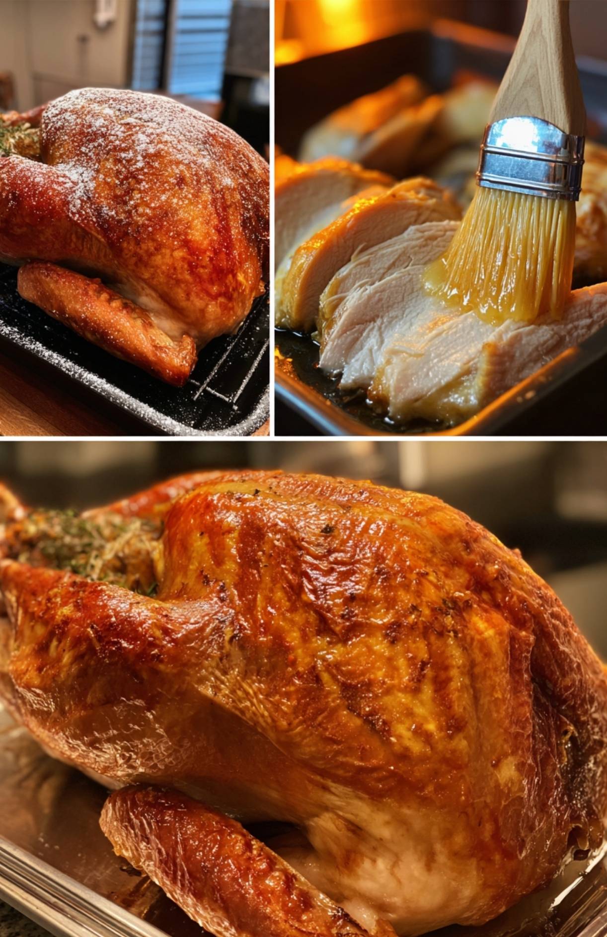 Collage of a golden roast turkey being basted with butter and sliced, showing juicy meat and crisp skin for an easy roast turkey from frozen recipe.