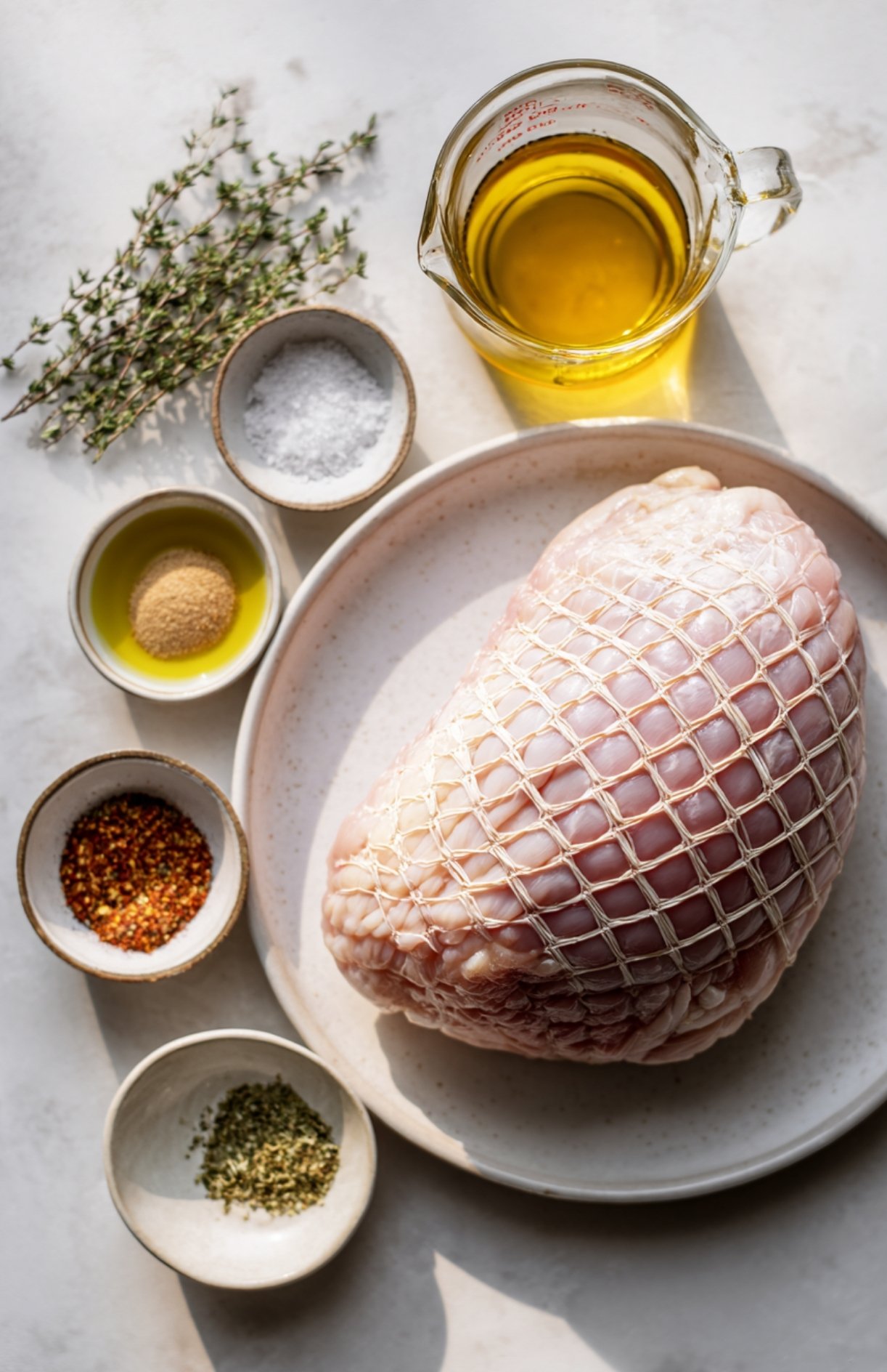 Butterball turkey breast roast with olive oil, thyme, salt, and spices for crock pot recipe prep.