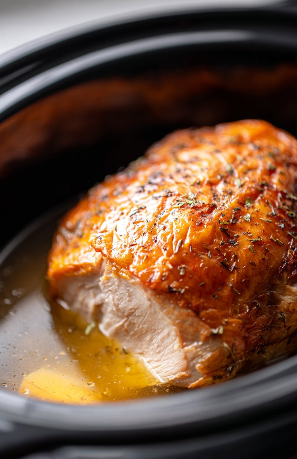 Butterball turkey breast roast cooking in crock pot with golden roasted skin.