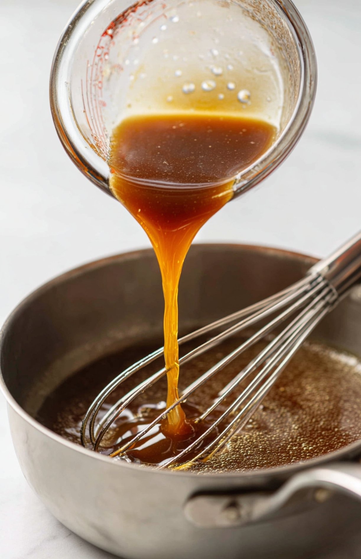 Glossy turkey gravy poured into a saucepan with whisk for lump-free mixing.