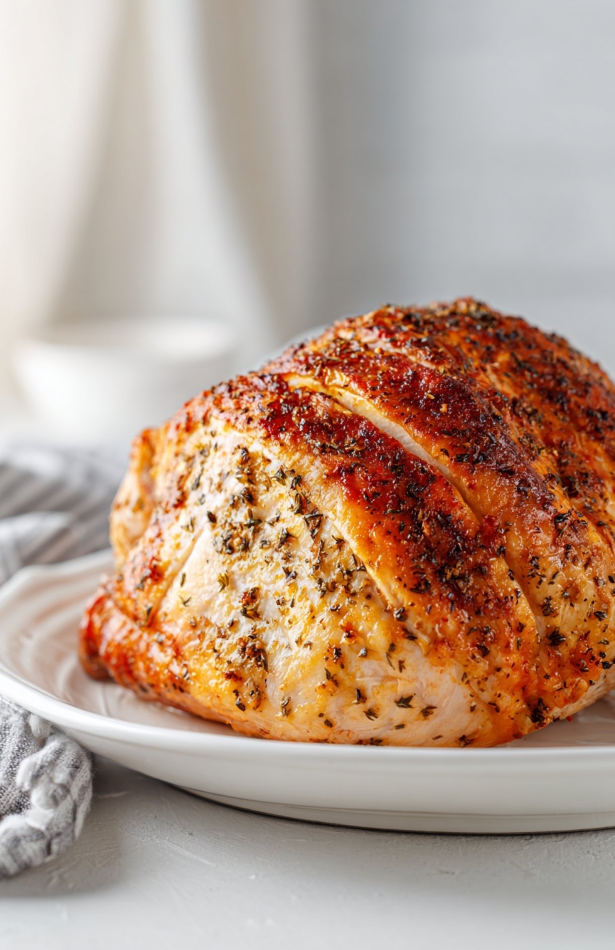 Whole roasted Butterball turkey breast resting on plate after slow cooker cooking.