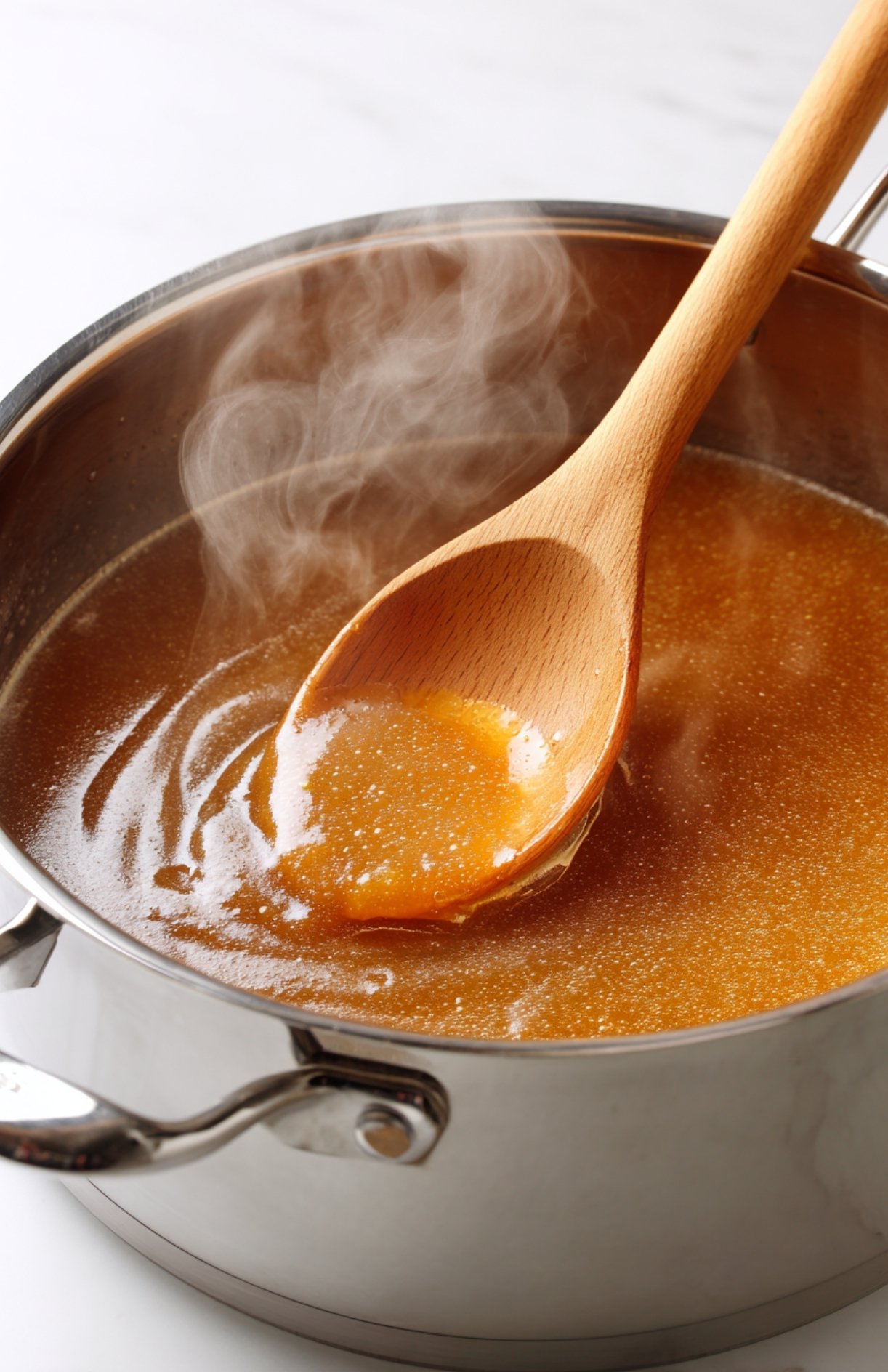 Steaming pot of homemade turkey gravy with a wooden spoon stirring.
