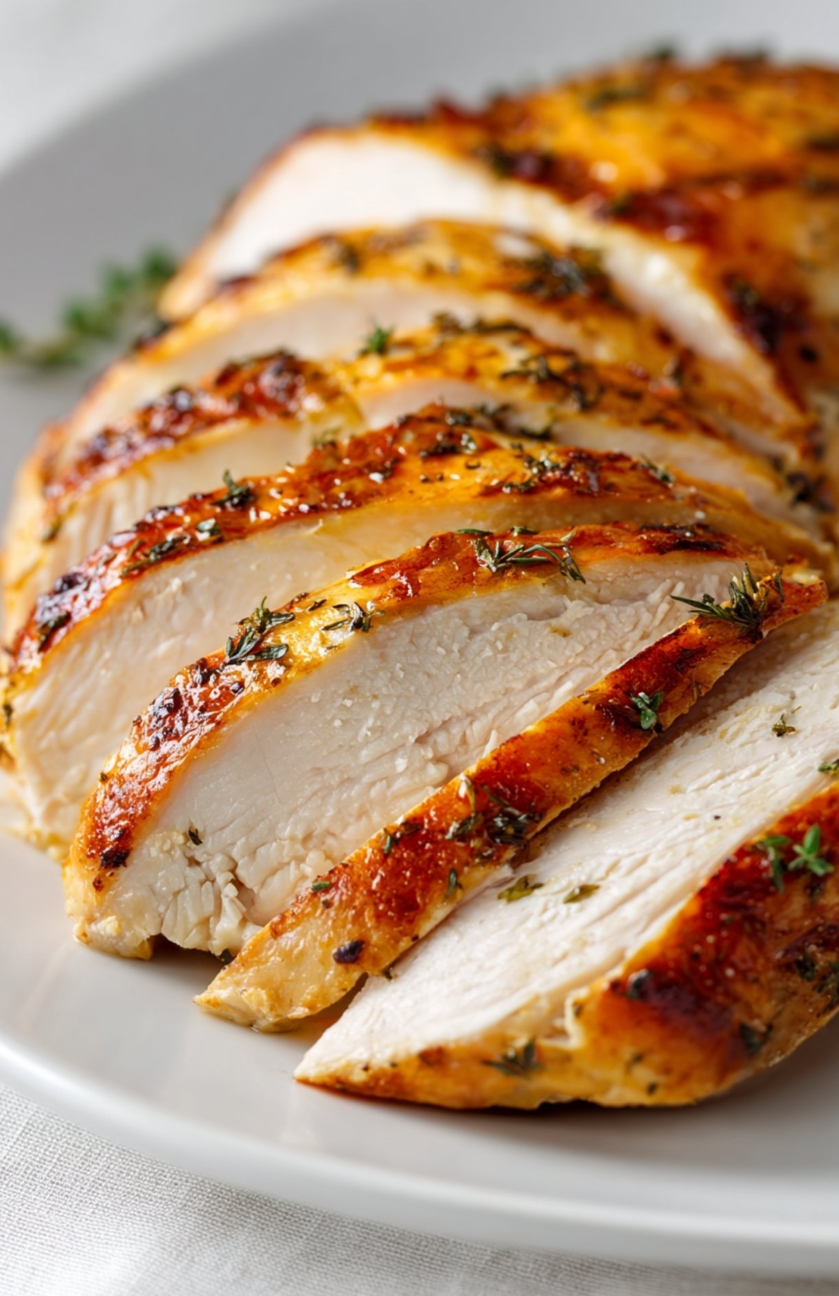 Sliced Butterball crock pot turkey breast roast with golden skin and fresh herbs.