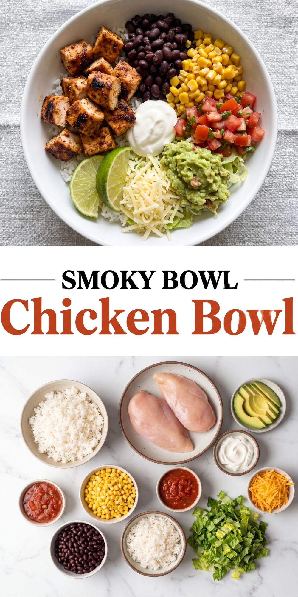Pinterest-style graphic featuring a smoky chicken bowl and organized recipe ingredients.