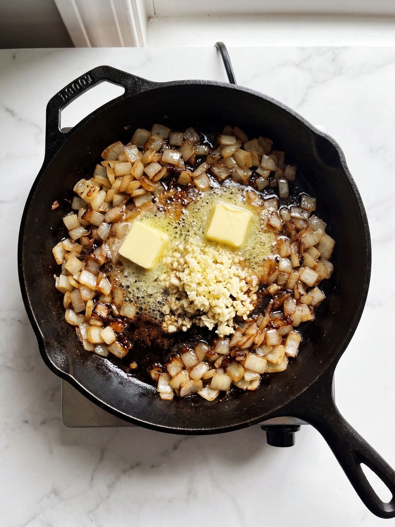 Sautéing diced onions with butter and minced garlic in a black cast iron pan.