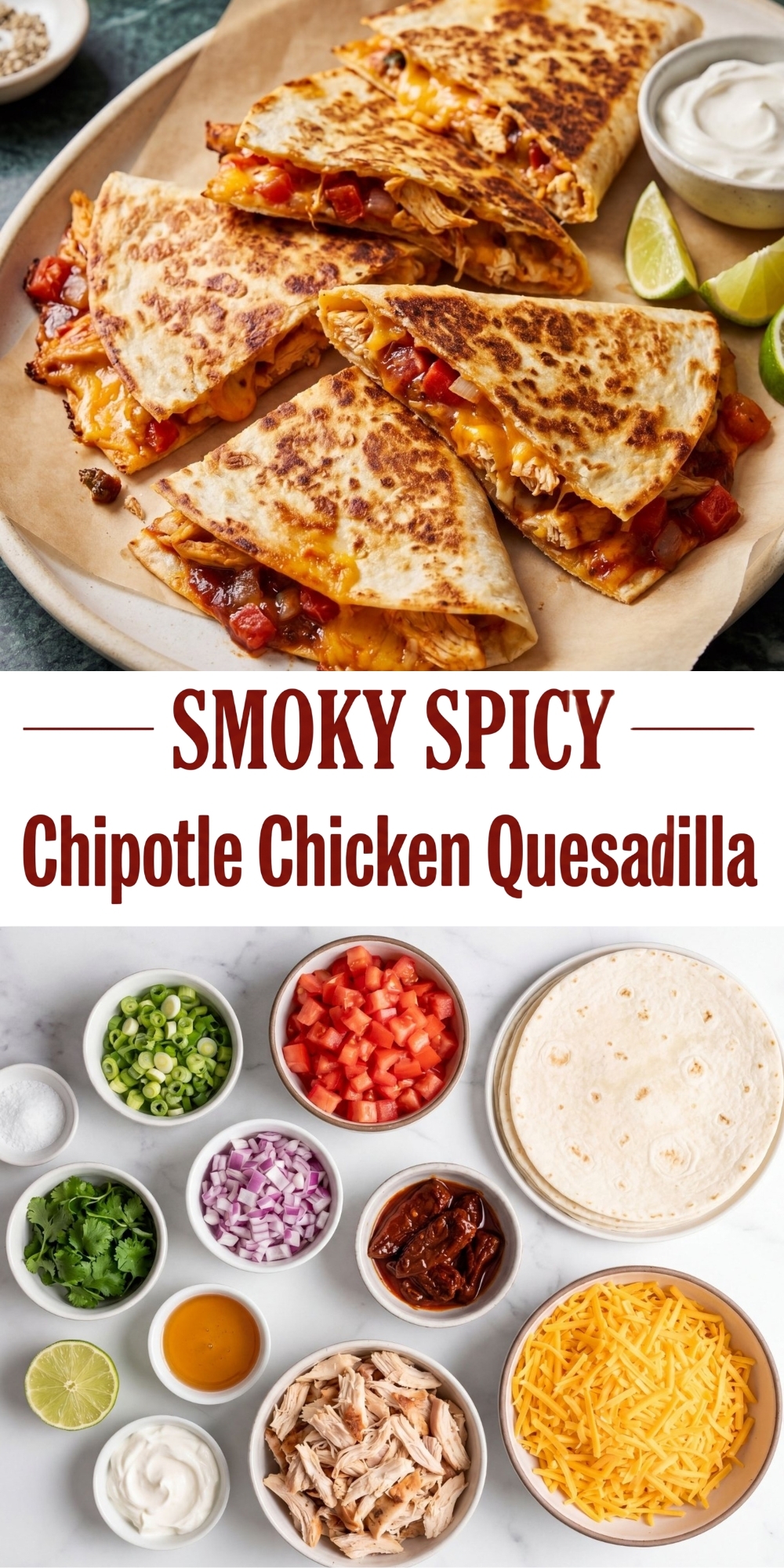 Vertical recipe collage for Smoky Spicy Chipotle Chicken Quesadillas featuring prepared wedges and raw ingredients.