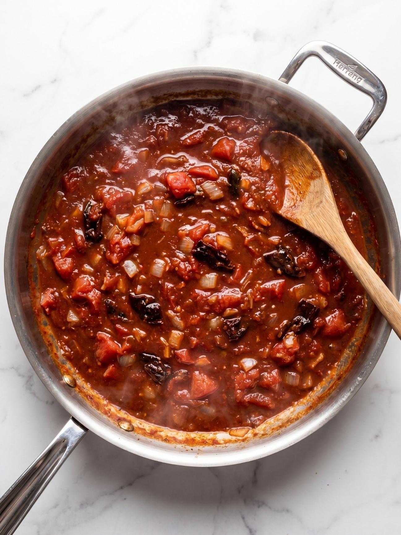 Smoky chipotle pepper and tomato sauce simmering in a pan for a quick chicken quesadilla recipe.