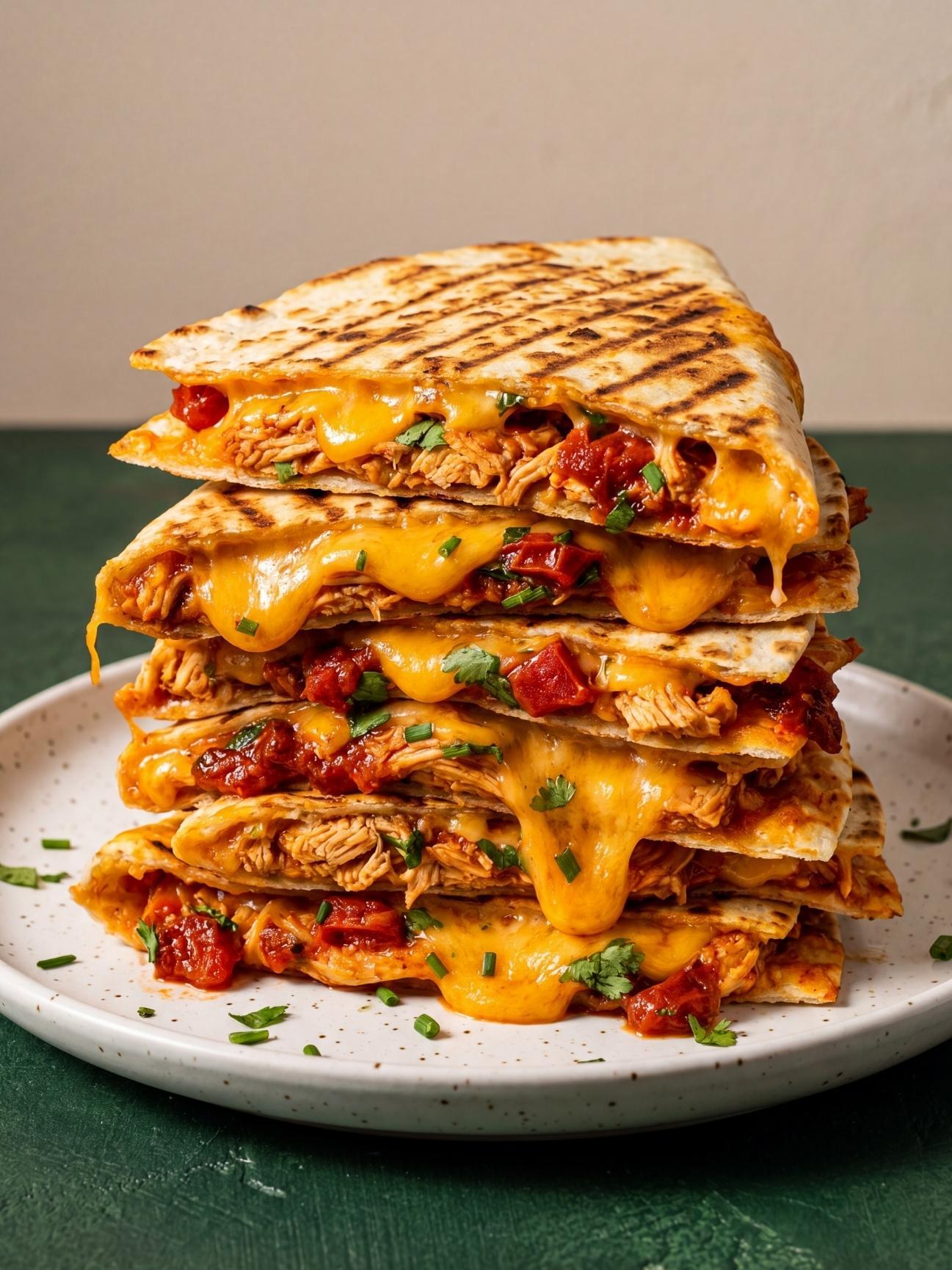 A tall stack of cheesy chipotle chicken quesadillas with melting cheddar cheese and crispy grilled tortillas.