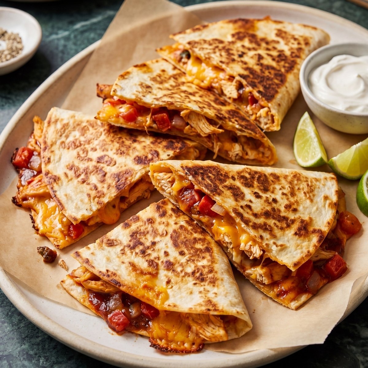 Sliced chipotle chicken quesadilla wedges served on a platter with lime wedges and sour cream.