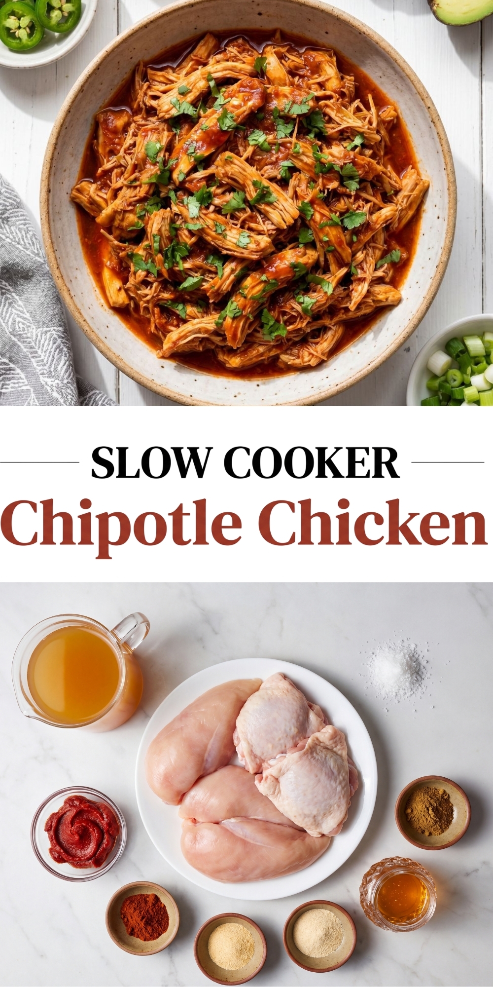 Pinterest-style graphic for easy slow cooker chipotle chicken with ingredients and finished dish.