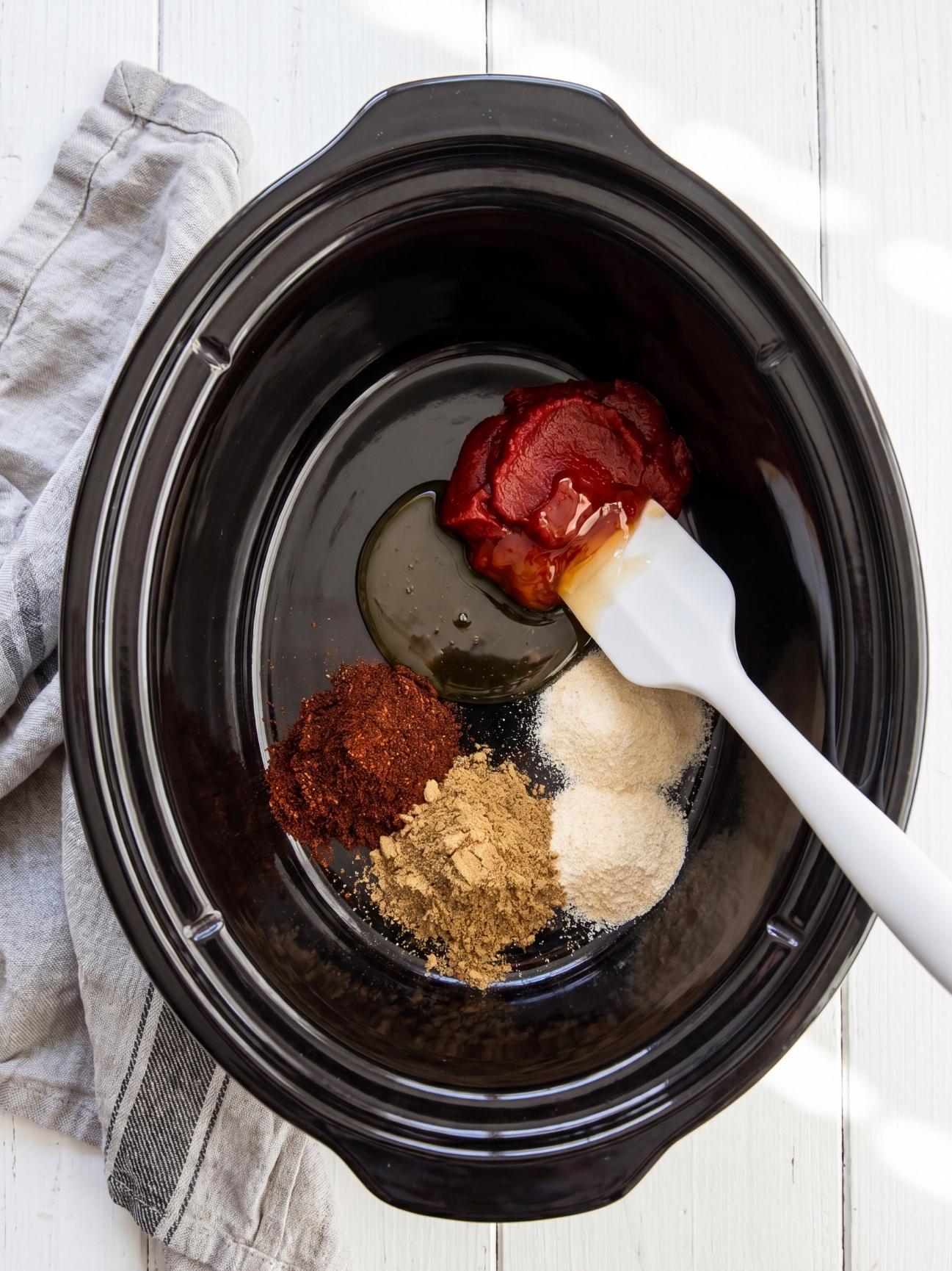 Adding tomato paste, spices, and honey to a slow cooker for chipotle chicken.