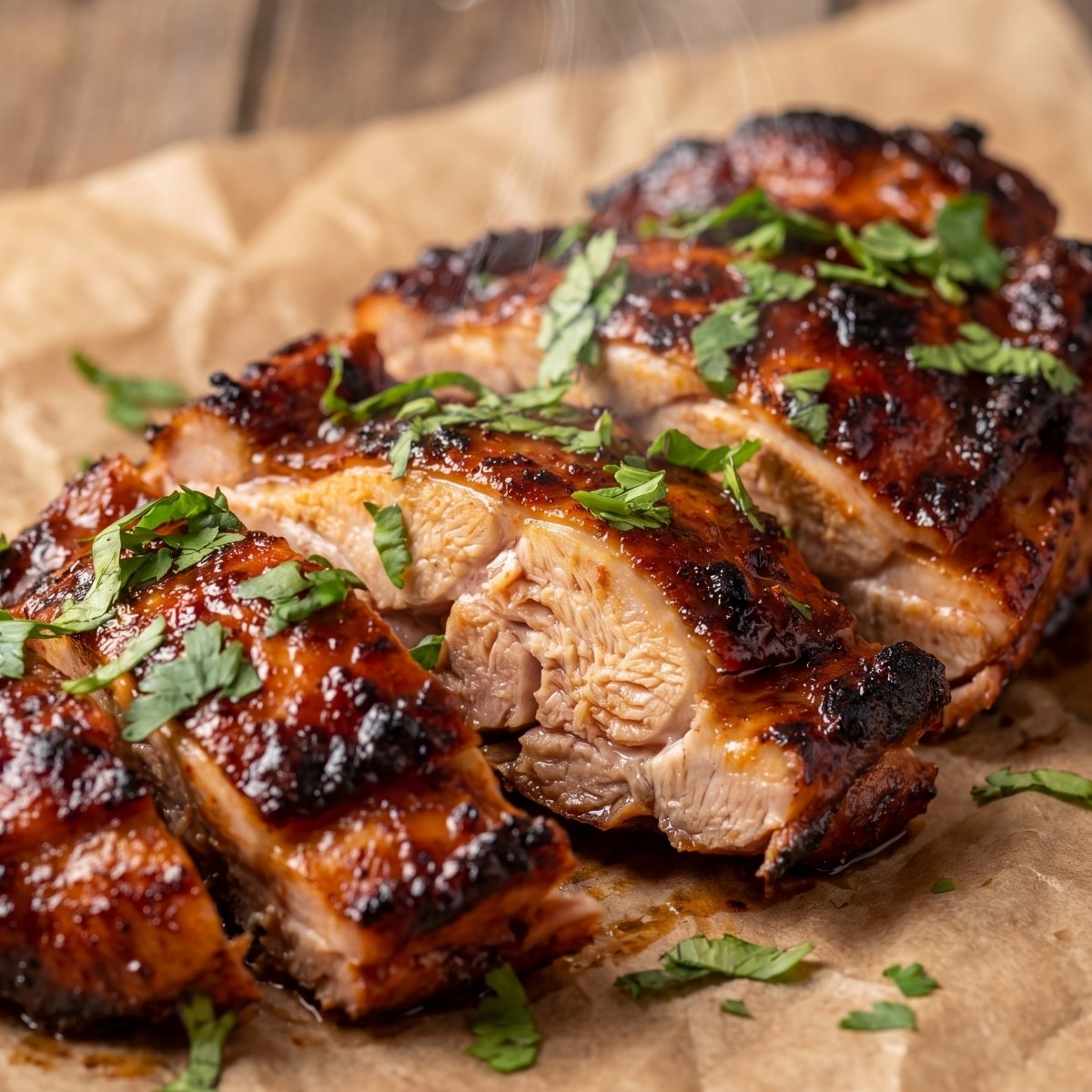 Sliced smoky Chipotle chicken thighs garnished with fresh cilantro on parchment paper.