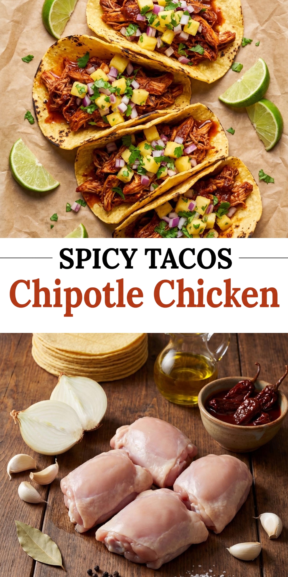 Pinterest graphic for "Spicy Tacos Chipotle Chicken" with photos of the finished dish and ingredients.