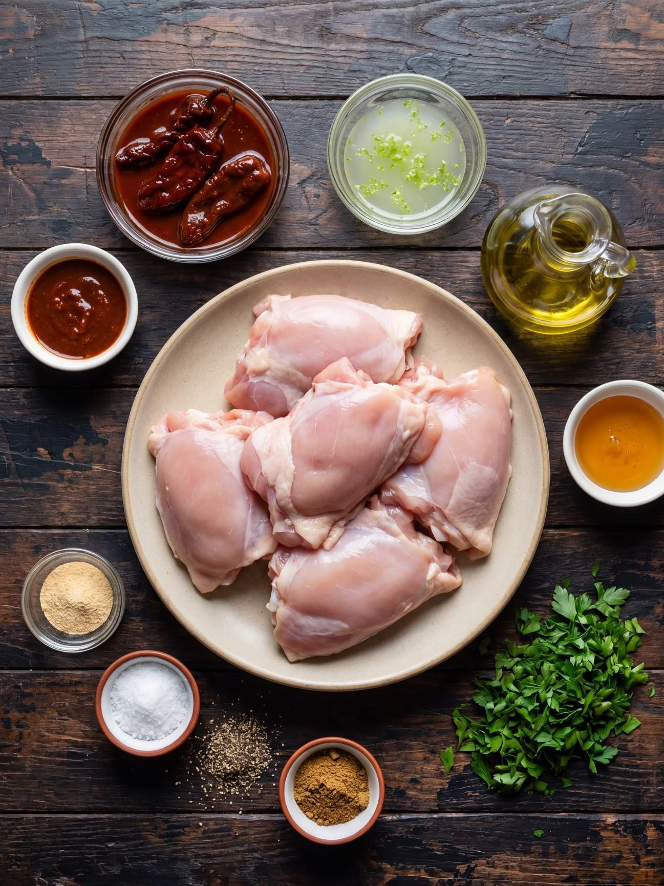 Ingredients for chipotle chicken thighs including raw chicken, lime, honey, olive oil, and chipotle in adobo.