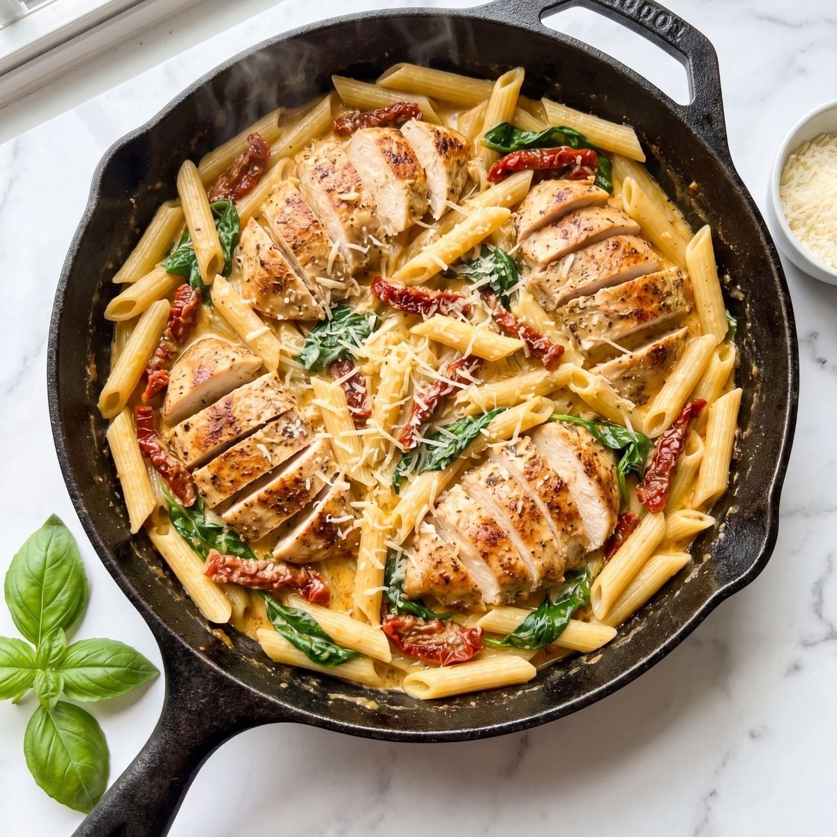 Creamy chicken Tuscan pasta served in a skillet, garnished with shredded parmesan cheese and fresh basil.