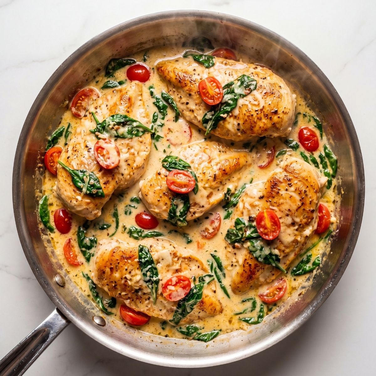 Pan-seared chicken breasts simmering in a creamy garlic butter sauce with fresh spinach and cherry tomatoes in a stainless steel skillet.