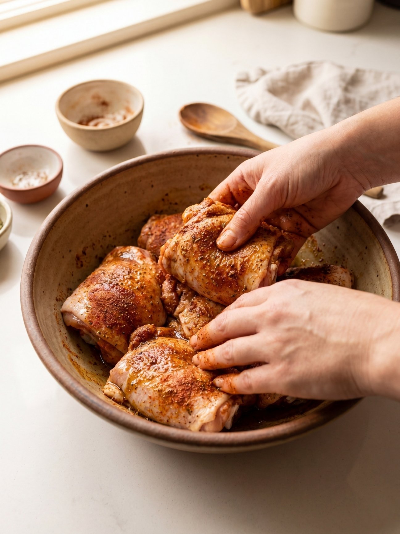Two hands rubbing a savory red spice and herb mixture onto raw chicken thighs inside a large ceramic bowl.