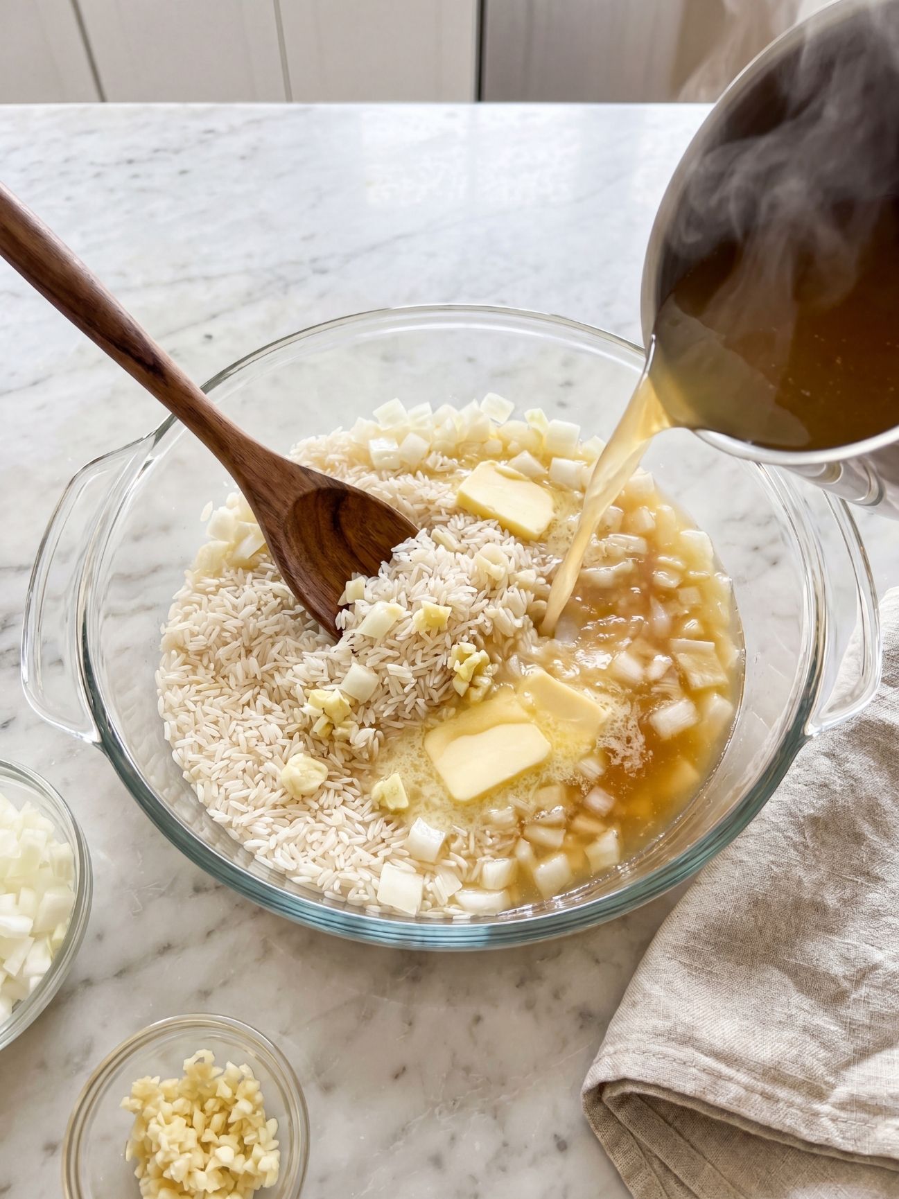 Hot chicken broth being poured from a saucepan into a glass bowl filled with white rice, chopped onions, and pats of butter.