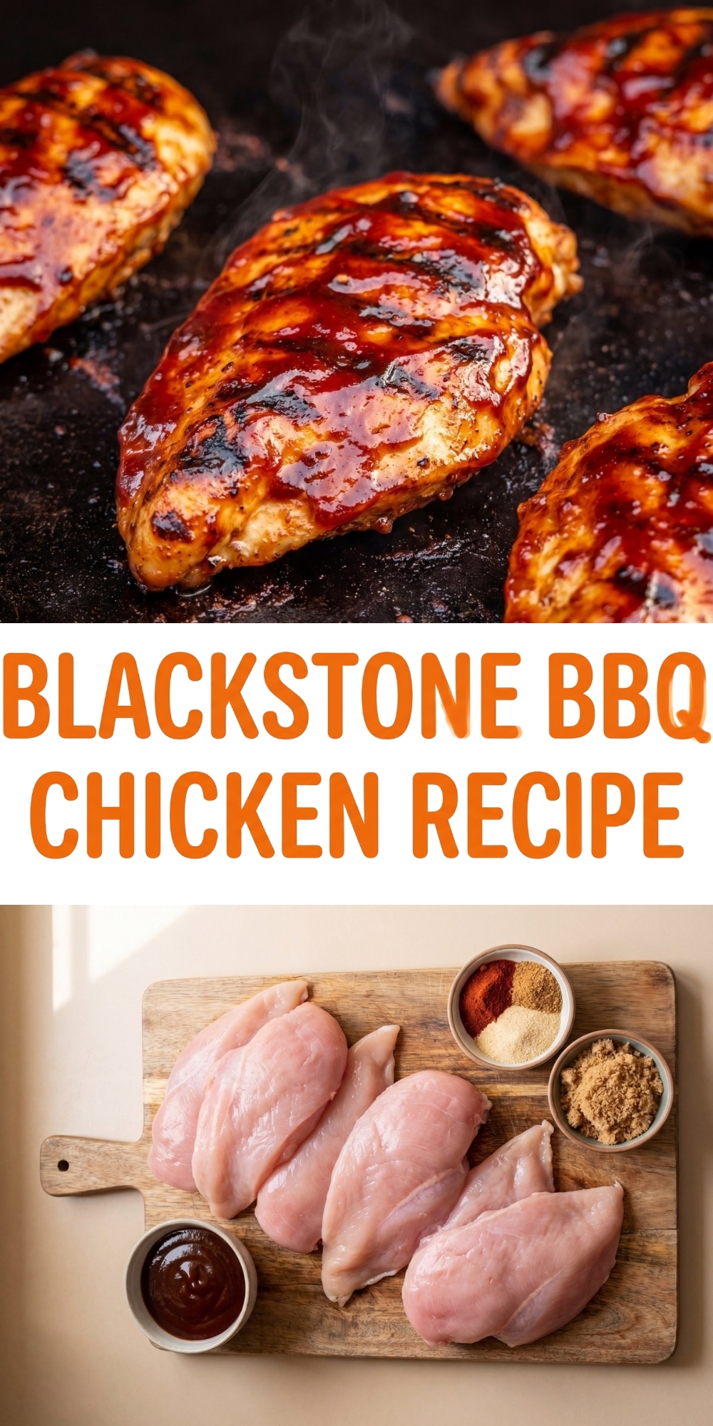 Vertical Pinterest pin collage featuring a close-up of glazed BBQ chicken and a flat lay of the recipe ingredients.