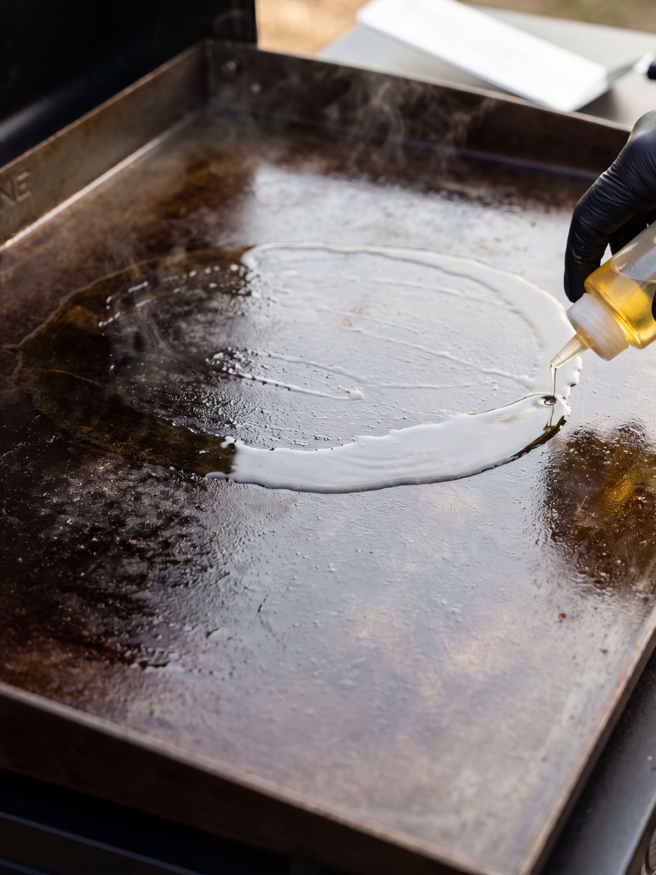 Hand pouring cooking oil from a squeeze bottle onto a hot, seasoned Blackstone griddle surface.