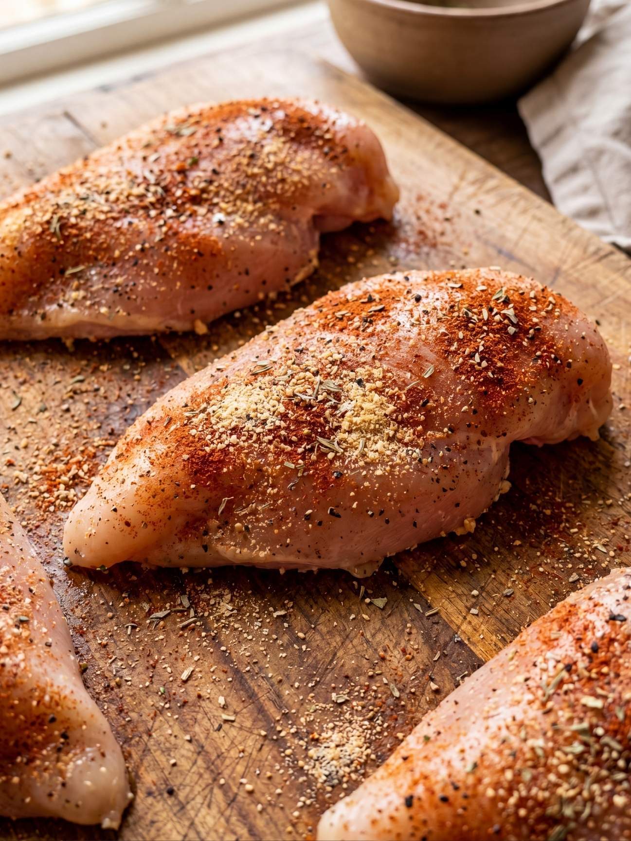 Raw chicken breasts on a wooden cutting board seasoned with smoked paprika, garlic powder, salt, and pepper.