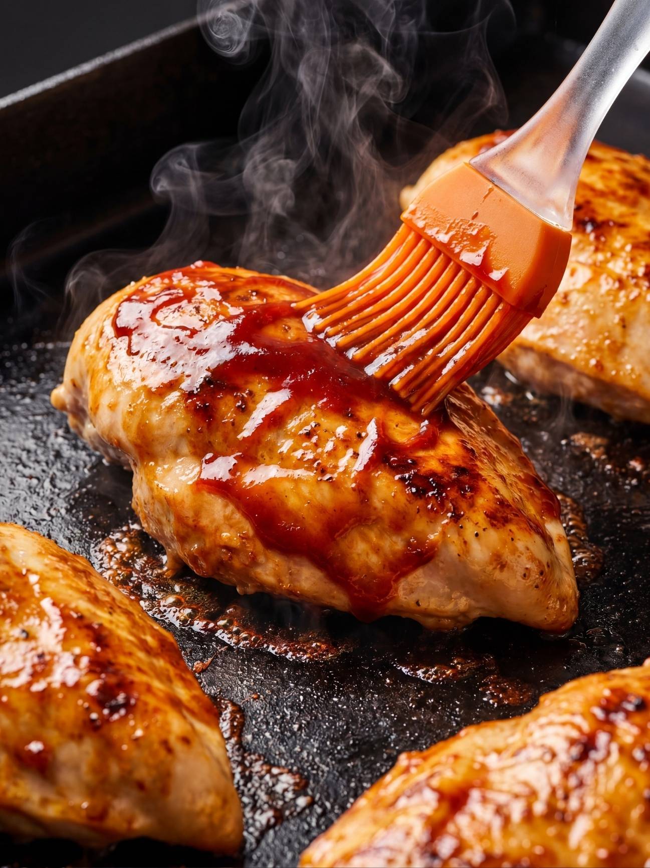 Close-up of a silicone brush spreading thick red BBQ sauce onto a golden-brown seared chicken breast on the griddle.