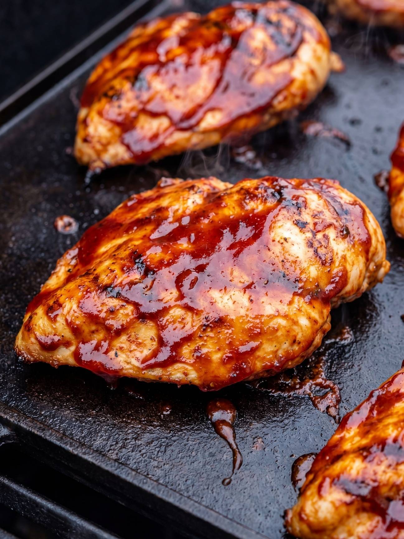 Juicy chicken breasts glazed with caramelized BBQ sauce finishing on a dark Blackstone griddle surface.