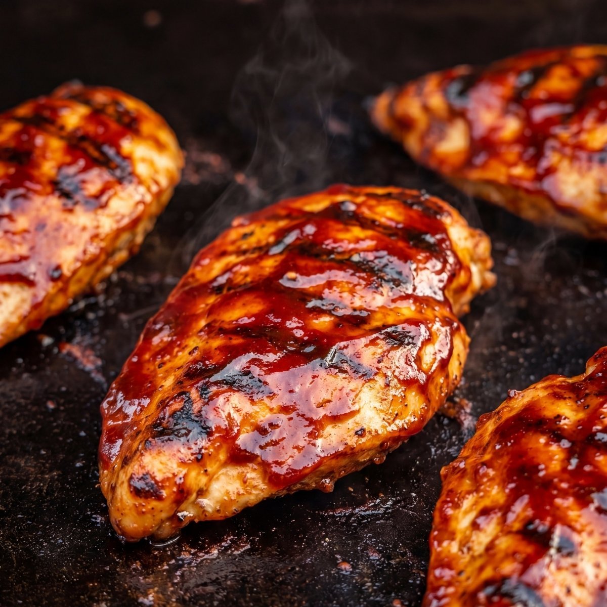 Three pieces of perfectly cooked Blackstone BBQ chicken with a sticky, dark red glaze and smoky char marks.