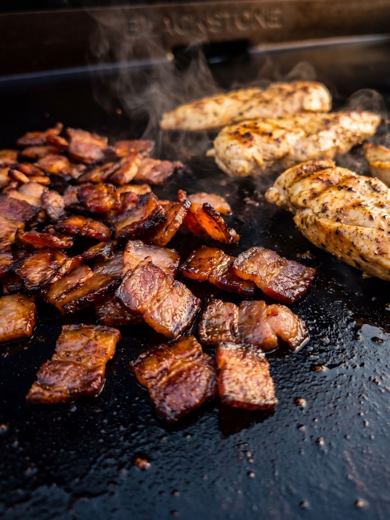 Chopped bacon pieces and seasoned chicken breasts cooking on a black flat top griddle with steam rising.