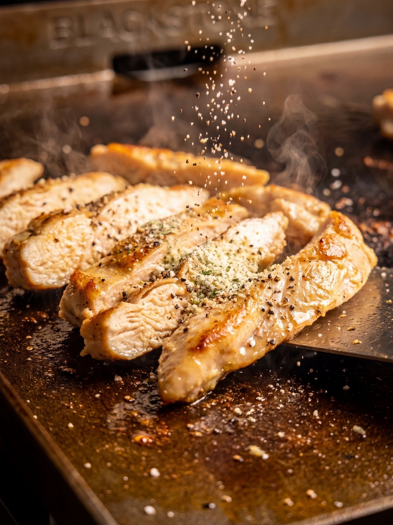 Dry ranch seasoning being sprinkled over sliced chicken as it cooks on a dark metal griddle surface.
