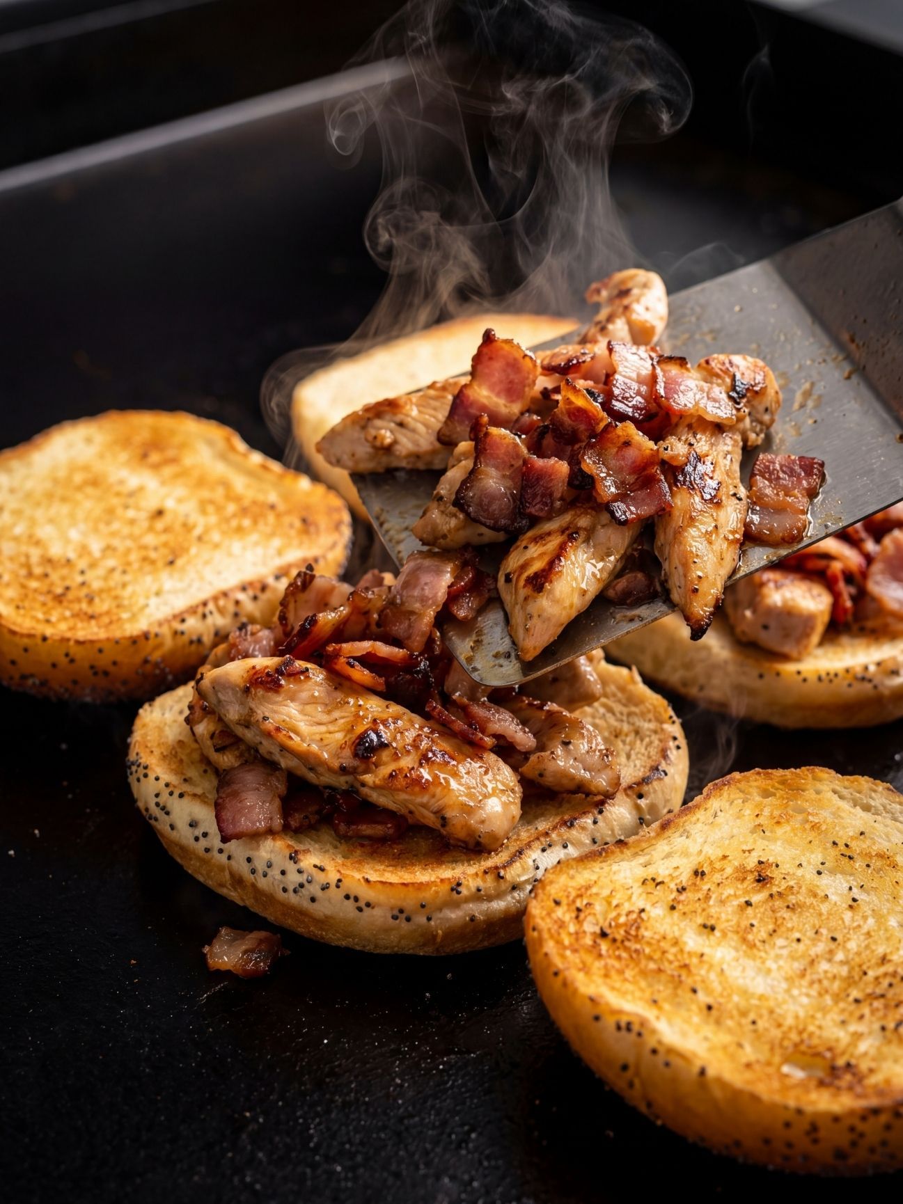 A metal spatula placing the chicken and bacon mixture onto toasted poppy seed buns on the griddle.