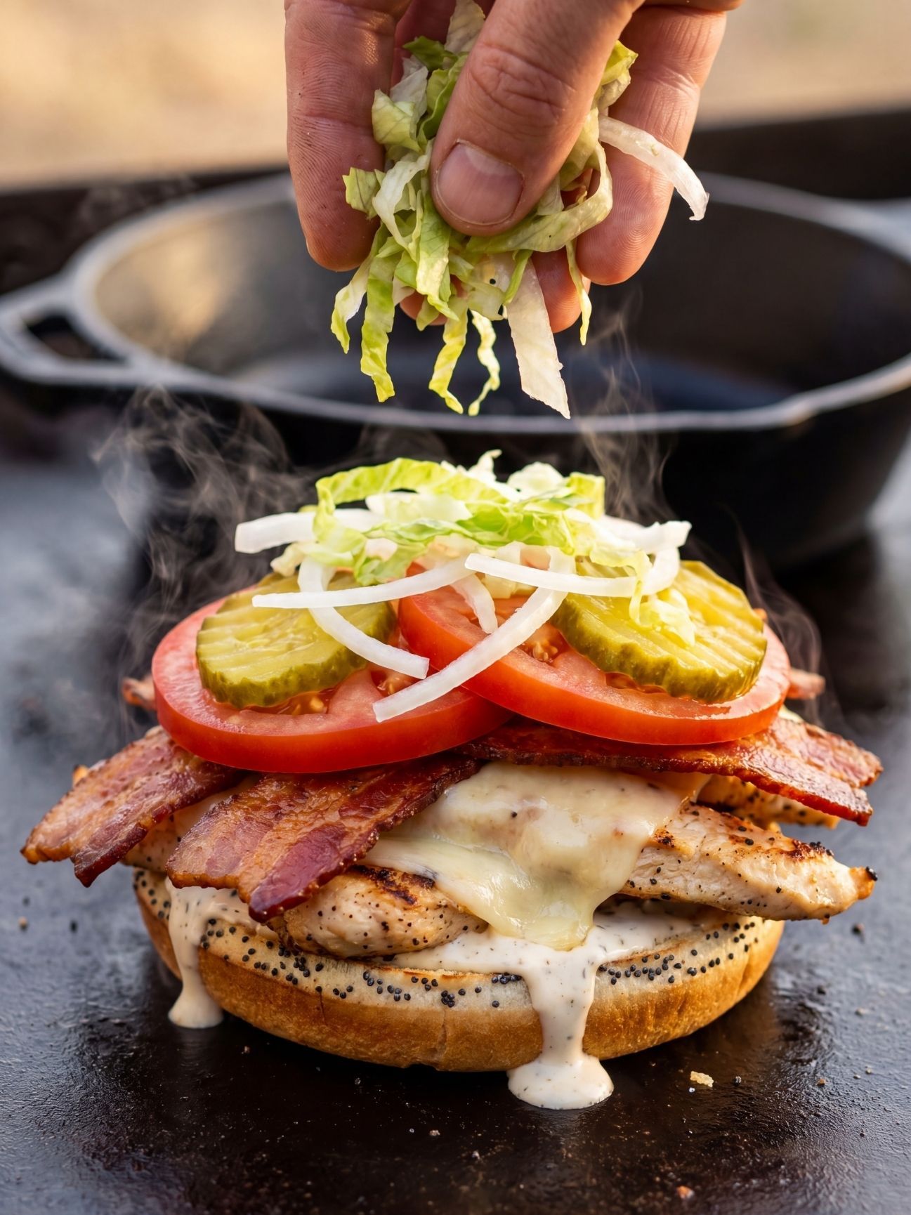 A person adding shredded lettuce to a loaded chicken bacon ranch sandwich topped with tomatoes, pickles, and onions.