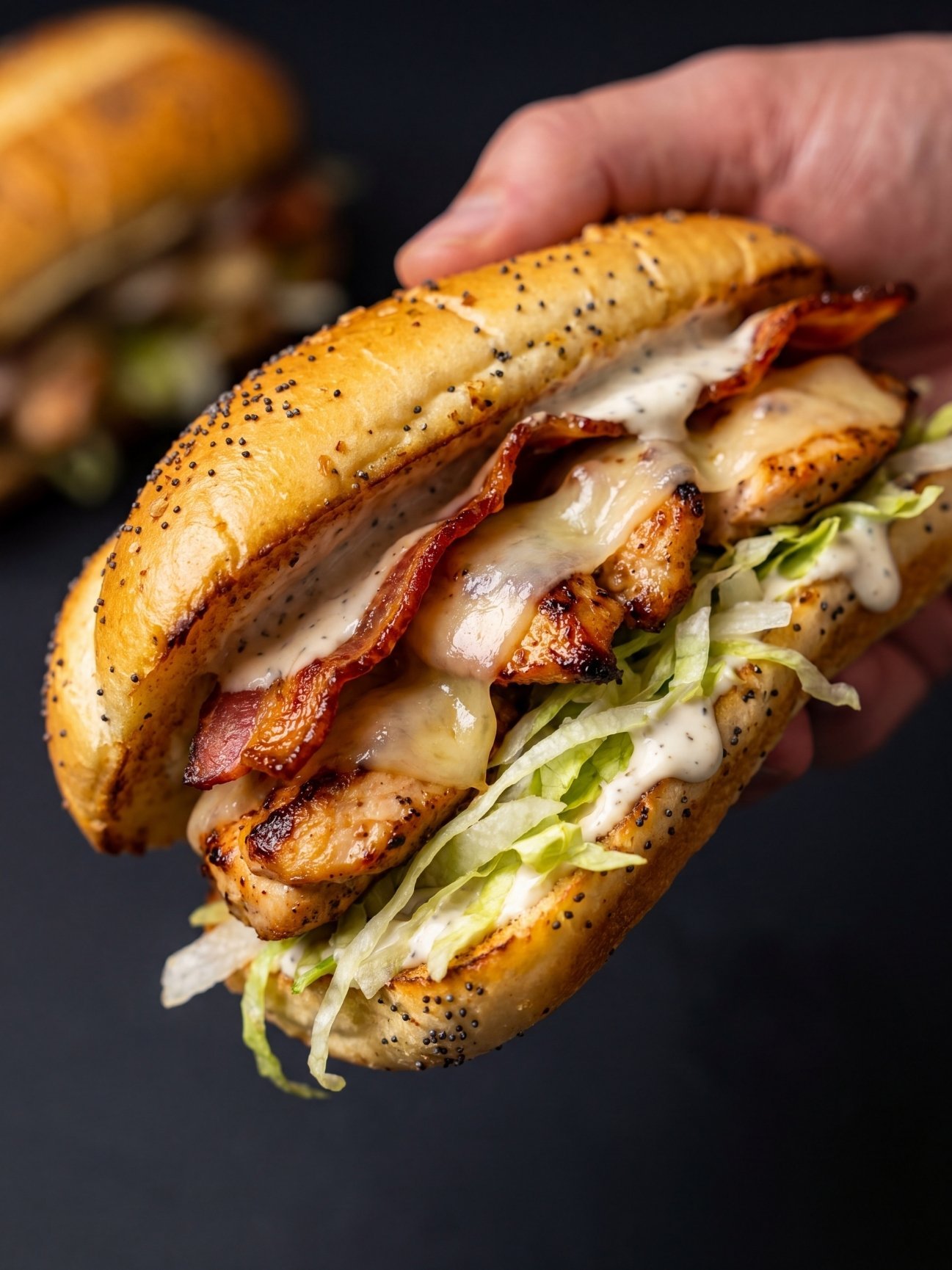 A close up of a hand holding a large chicken bacon ranch sandwich featuring melted cheese, crispy bacon, and shredded lettuce on a toasted bun.
