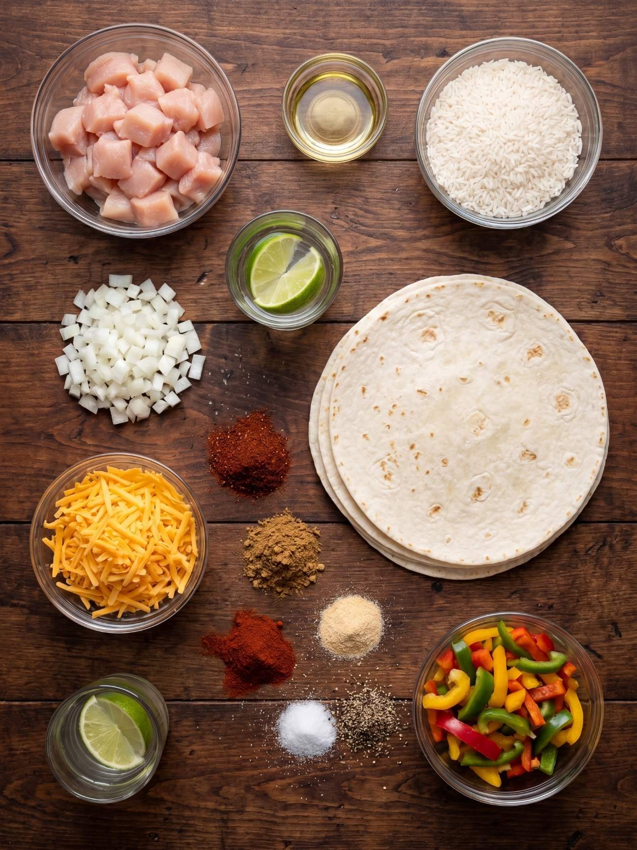 Top down view of ingredients for chicken burritos including diced chicken, rice, tortillas, shredded cheese, and spices in small glass bowls on a wooden table.