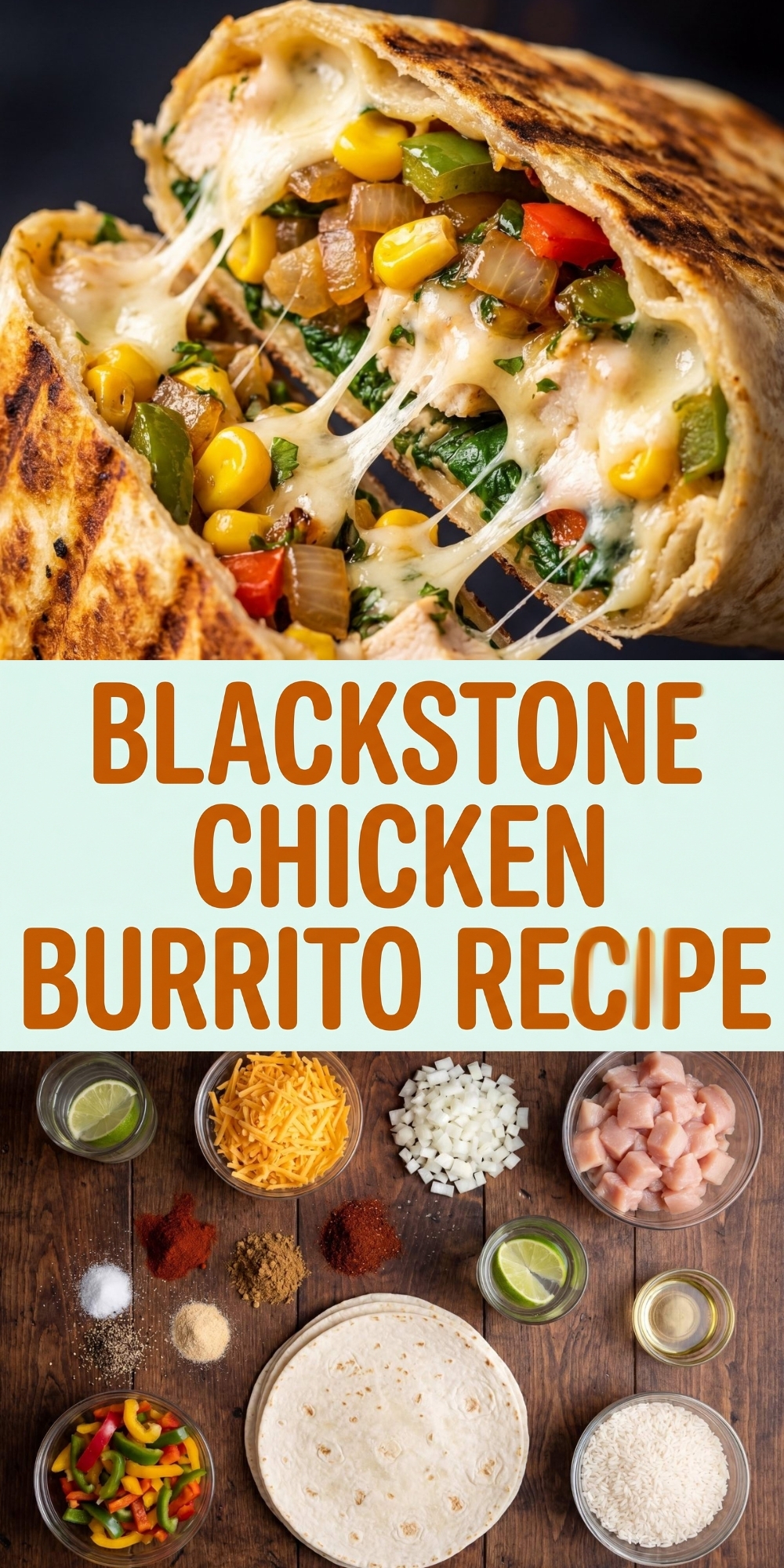 A Pinterest graphic showing a cheesy chicken burrito at the top and the raw ingredients at the bottom with the text Blackstone Chicken Burrito Recipe in the middle.