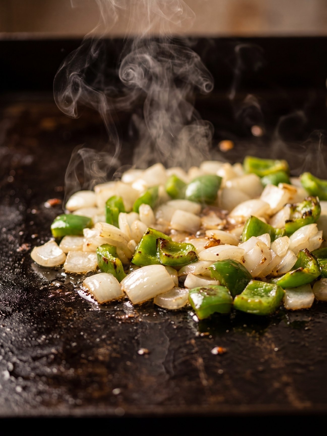 Diced onions and green bell peppers cooking on a hot black flat top griddle with steam rising.
