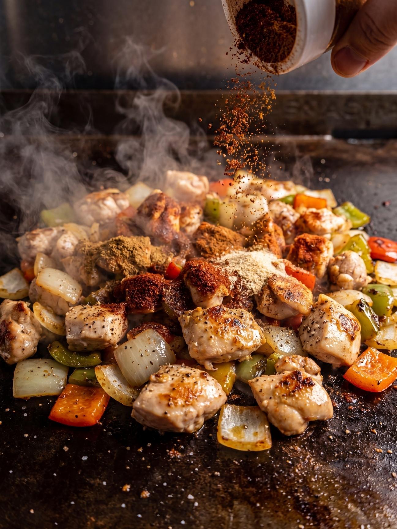 A hand sprinkling red and brown spices over chicken and peppers cooking on a griddle.