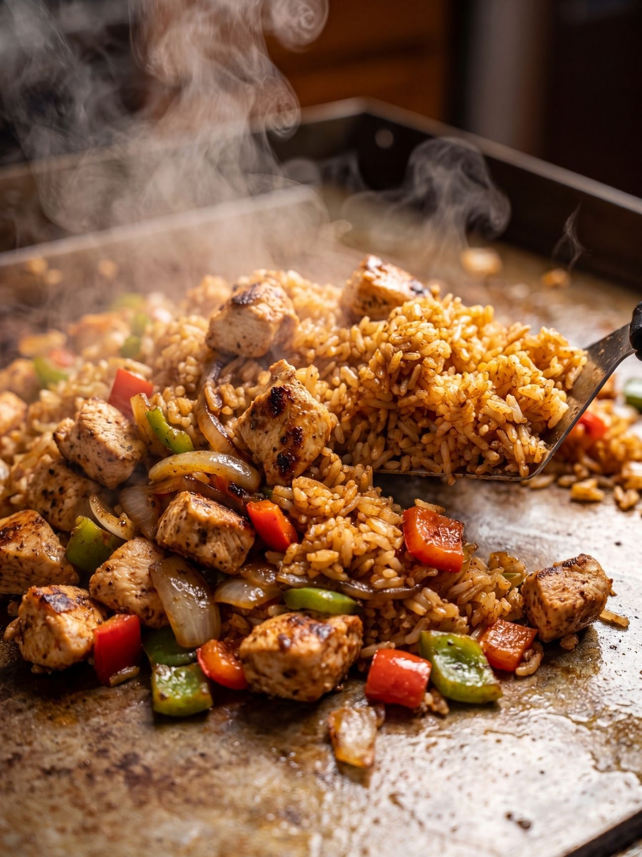 A metal spatula mixing cooked rice with seasoned chicken and vegetables on a flat top griddle.