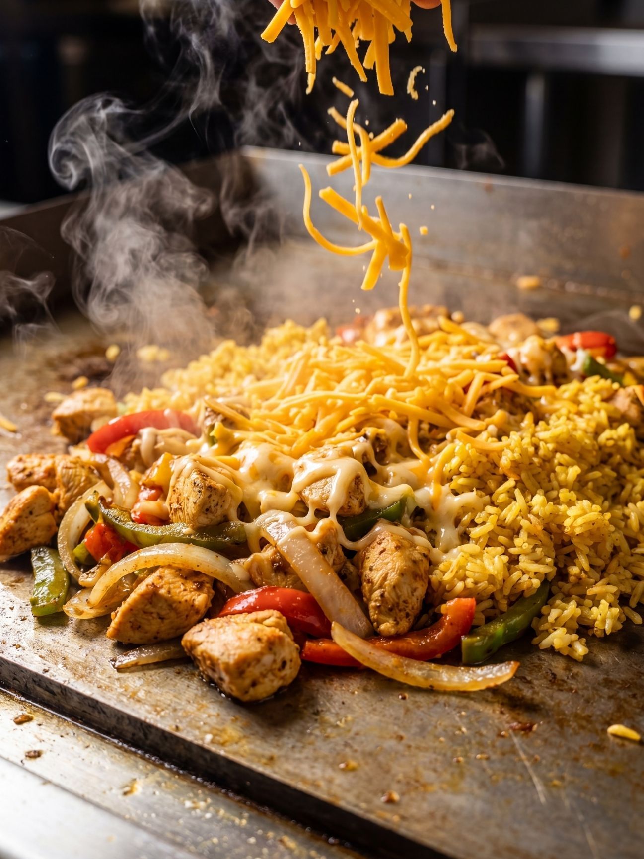 Shredded yellow cheese being sprinkled over a large pile of chicken, rice, and peppers on a griddle.