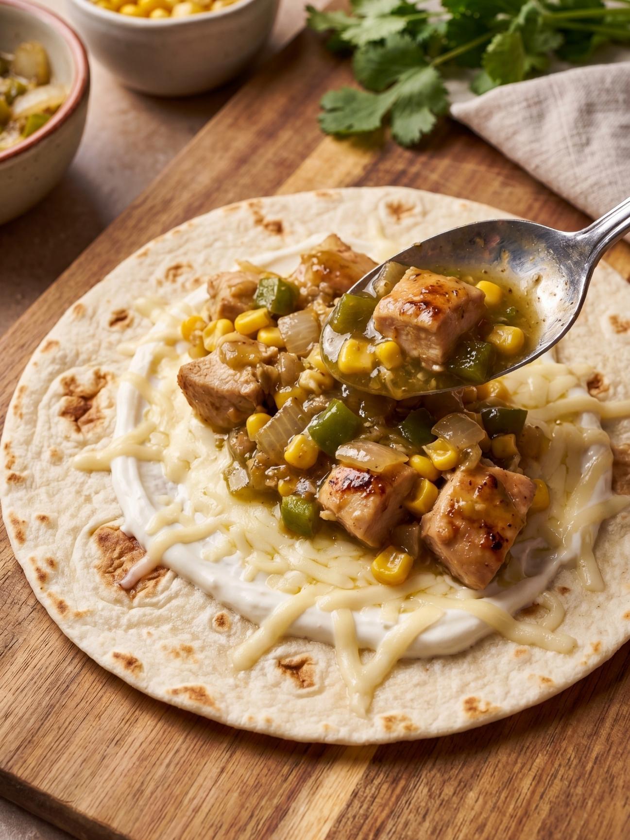 A spoon placing chicken and vegetable filling onto a flour tortilla layered with white sauce and shredded cheese.