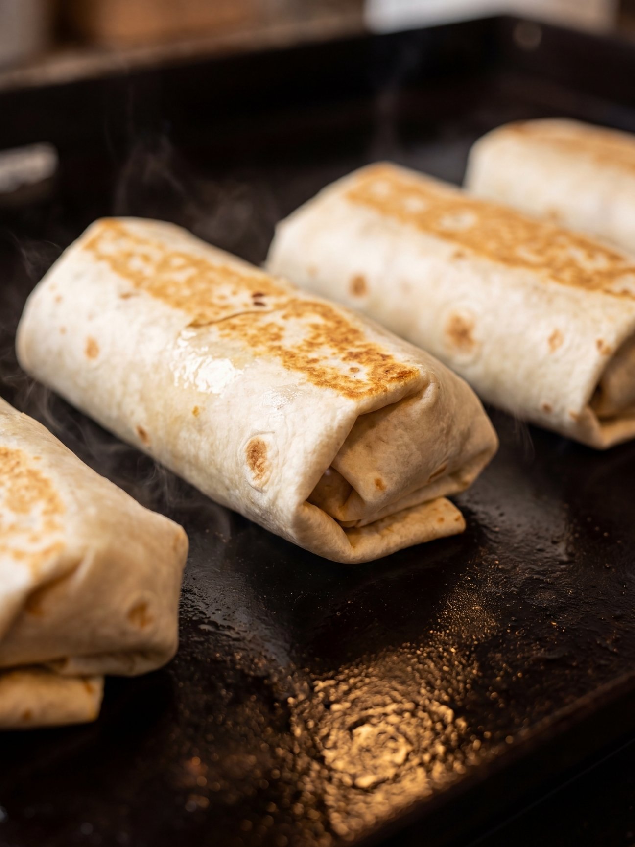 Four flour burritos being toasted on a flat top griddle until the tortillas are golden brown.