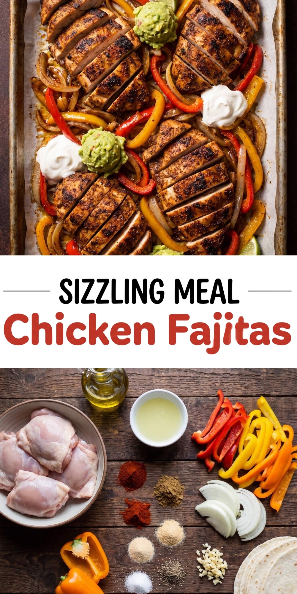 Pinterest-style graphic featuring the text "SIZZLING MEAL Chicken Fajitas" with images of prepared fajitas and raw ingredients.