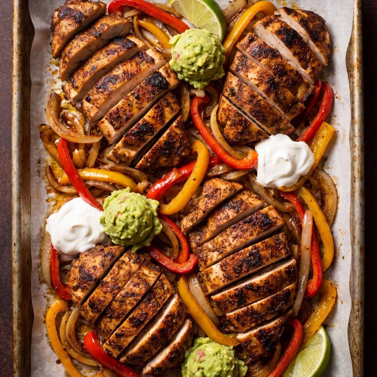 Top-down view of juicy sliced chicken breasts and colorful peppers served on a parchment-lined baking sheet.